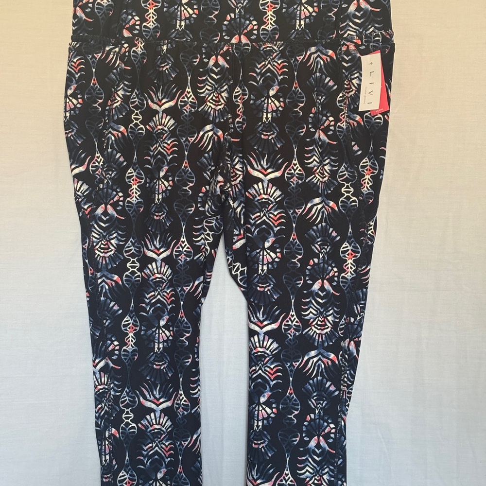 Livi Active Black and Coral Leggings with Intricate Pattern NWT
